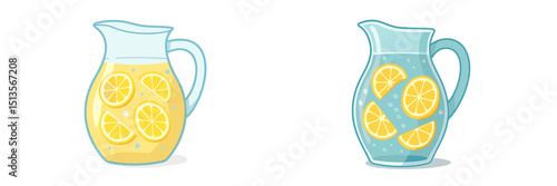 Refreshing lemonade and lemon water in pitchers with sliced lemons on a white background