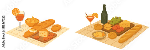 Enjoying a delightful spread of cheese, bread, and beverages at a casual gathering