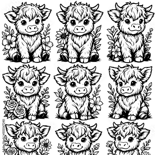 set cute highland cow