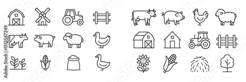 Farm animals and equipment are illustrated in a simple line art style showcasing rural life and agriculture