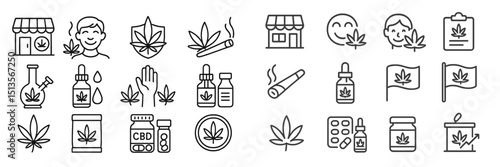 Exploration of cannabis culture and products through diverse icons illustrating various uses and perceptions