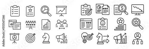 Icons representing business analytics and marketing strategies on a digital platform illustrating various functions and metrics