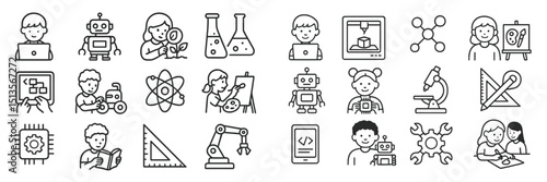 Creative learning activities featuring children engaging in science, technology, engineering, and math subjects