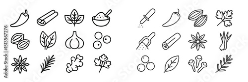 Collection of hand-drawn herbs, spices, and other cooking ingredients in a minimalist style on a white background