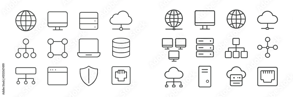 Collection of network and internet icons illustrating technology concepts and connections Collection of network and internet icons illustrating technology concepts and connections