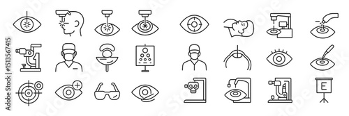 Icons representing eye care procedures and equipment in a minimalist design used for medical illustrations of ophthalmology practices