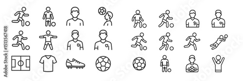 Icons representing soccer players, equipment, and activities for sports enthusiasts and designers