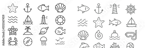 Nautical icons collection featuring various sea creatures, landmarks, and activities in a fun, minimalist style