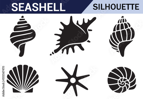Minimalist black and white starfish and shell silhouettes with artistic patterns for creative designs.