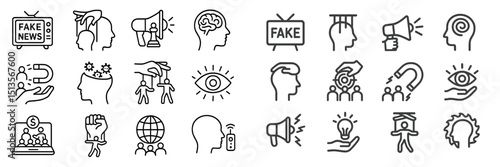Exploring themes of misinformation and communication in digital society with various symbols and icons