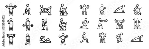 Diverse fitness activities showcased through simple line icons, capturing various exercises in a gym setting