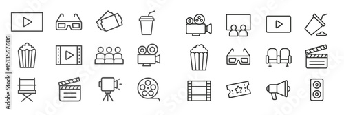 Collection of cinema icons representing various movie-related activities and entertainment elements