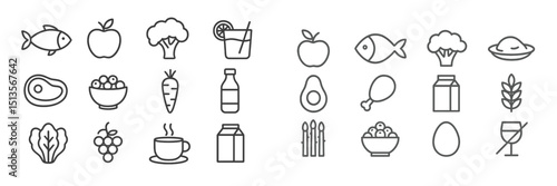 Fresh food icons representing healthy eating habits and diverse diets in a simple line art style
