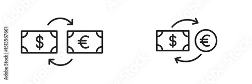 Currency exchange symbols featuring dollar and euro with arrows illustrating conversion process