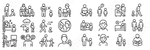 Illustrations depicting various scenarios of family interactions, social situations, and emotional expressions during daily life