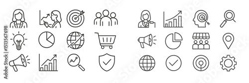 Business icons representing various aspects of strategy, marketing, and analytics in a modern workspace environment