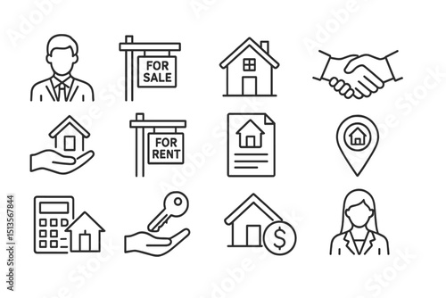 Real estate icons illustrating buying, selling, and renting properties for new homeowners and investors