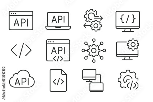 Collection of API icons representing various functionalities and connections in technology and software development
