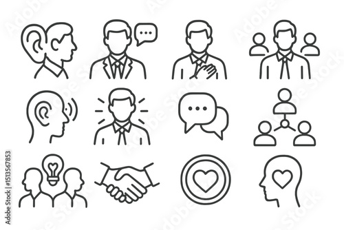 Communication and connection illustrated through various icons representing dialogue, collaboration, and interpersonal relationships