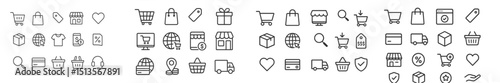 Collection of simple line icons representing shopping, gifts, and consumer goods in monochrome style