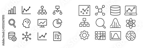 Collection of data analysis and visualization icons representing various analytical concepts and methods commonly used in research