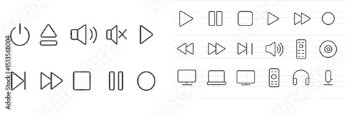 Collection of various multimedia control icons designed in a minimalist style on a lined notebook paper background