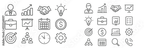 Business and finance icons representing various sectors and activities in a minimalist design, ideal for presentations and projects