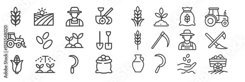 Farming icons representing agriculture, crops, and rural activities in a simple line art style illustrating modern farming practices