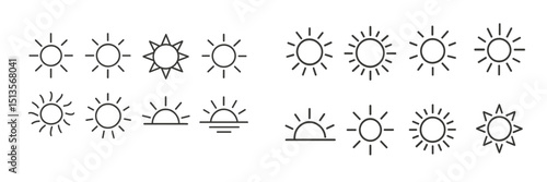 Sun symbols showing various weather conditions and times of the day with simple line drawings, representing daylight and sunset notions