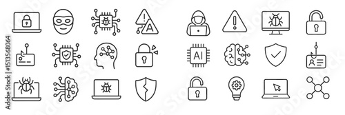 Icons representing various cybersecurity concepts including protection, threats, and data security in a digital environment