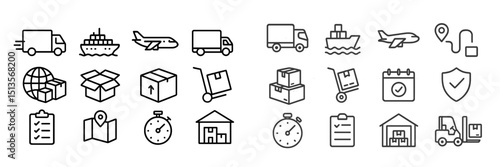Line icons representing various modes of transport and logistics activities for efficient supply chain management