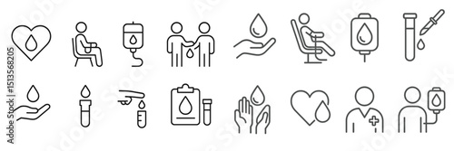 Blood donation icons depicting the process and care involved in donating blood at a healthcare facility