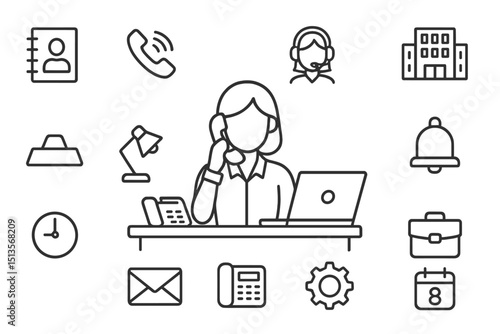 Office assistant managing tasks with multiple tools during a busy workday in a professional environment