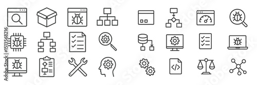 Collection of technology and software development icons illustrating various concepts and processes related to debugging and programming