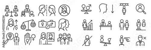Diverse icons representing gender equality, social justice, and community engagement in a modern design layout