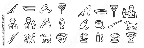Fishing and hunting activities illustrated with various tools and symbols in a monochrome design