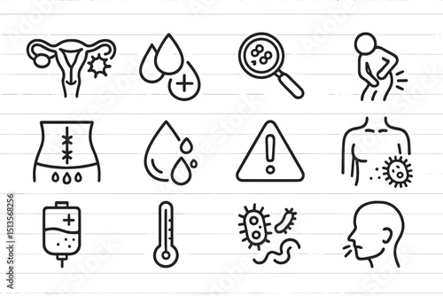 Medical and health icons illustrating various bodily functions and conditions in a simple, clear style suitable for educational purposes