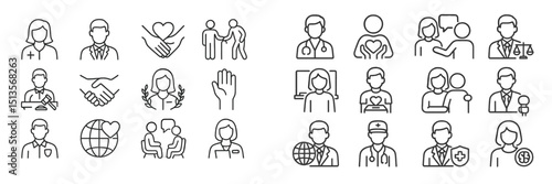 Icons depicting various professions and services related to health, law, business, and community engagement in a clean design