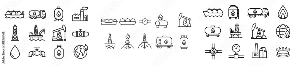 Fototapeta premium Oil and gas industry icons depicting exploration, production, and transportation activities in a detailed line art style