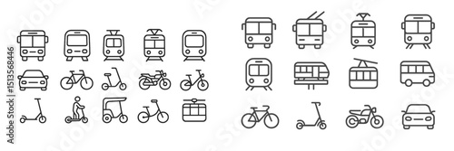 Line art illustrations of various modes of transportation including buses, trains, bicycles, and scooters