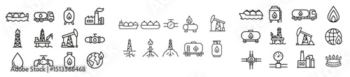 Oil and gas industry icons depicting exploration, production, and transportation activities in a detailed line art style
