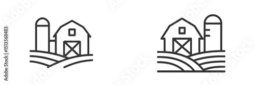 Farm buildings in minimalist style showcasing rural charm and agricultural life set against a clear backdrop