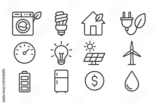 Icons depicting elements of sustainability and energy efficiency in a modern home setting
