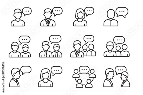 Diverse group of people engaged in conversation with speech bubbles representing discussion, networking, and exchange of ideas