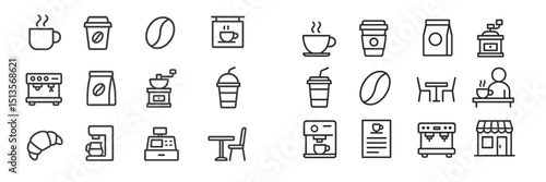 Coffee shop icons featuring beverages, equipment, and cafe elements in minimalist design for branding and marketing purposes