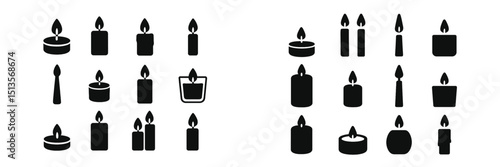Different shapes and sizes of candles arranged in a creative pattern for decorative or ambient purposes