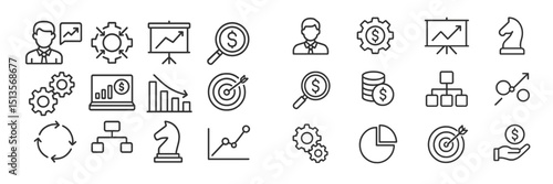 Business and financial icons representing analysis, strategy, and growth in a professional setting