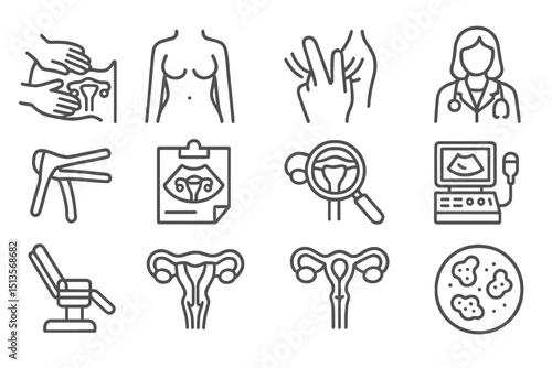 Various symbols representing women's health examinations and medical practices related to gynecology
