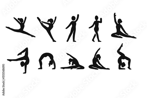 Silhouette collection of dancers showcasing various poses and movements in an artistic arrangement