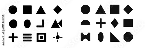 Various geometric shapes in black and white arranged in a grid pattern showcasing design and symmetry